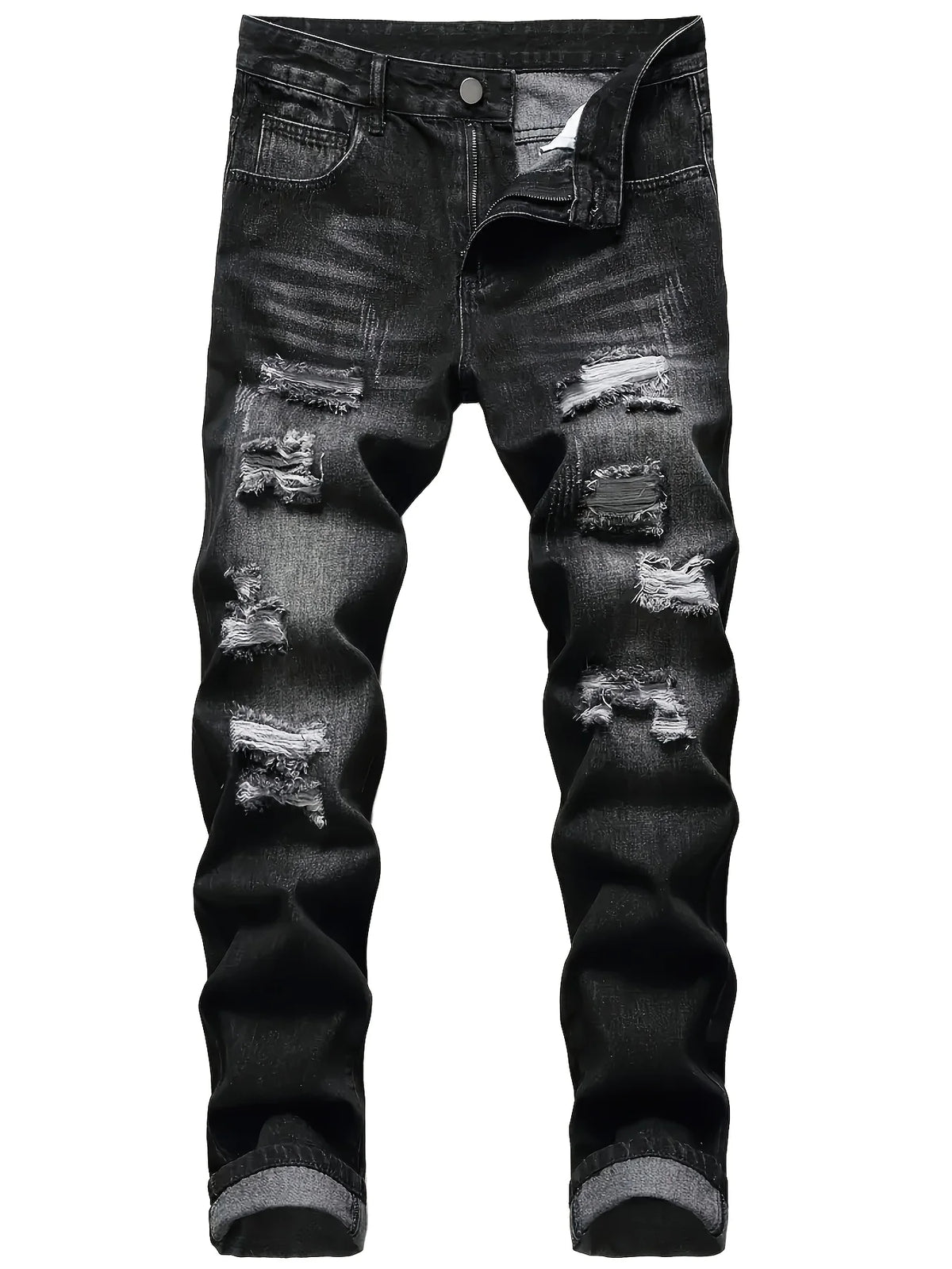Men's dark grey distressed straight-leg jeans for everyday winter wear