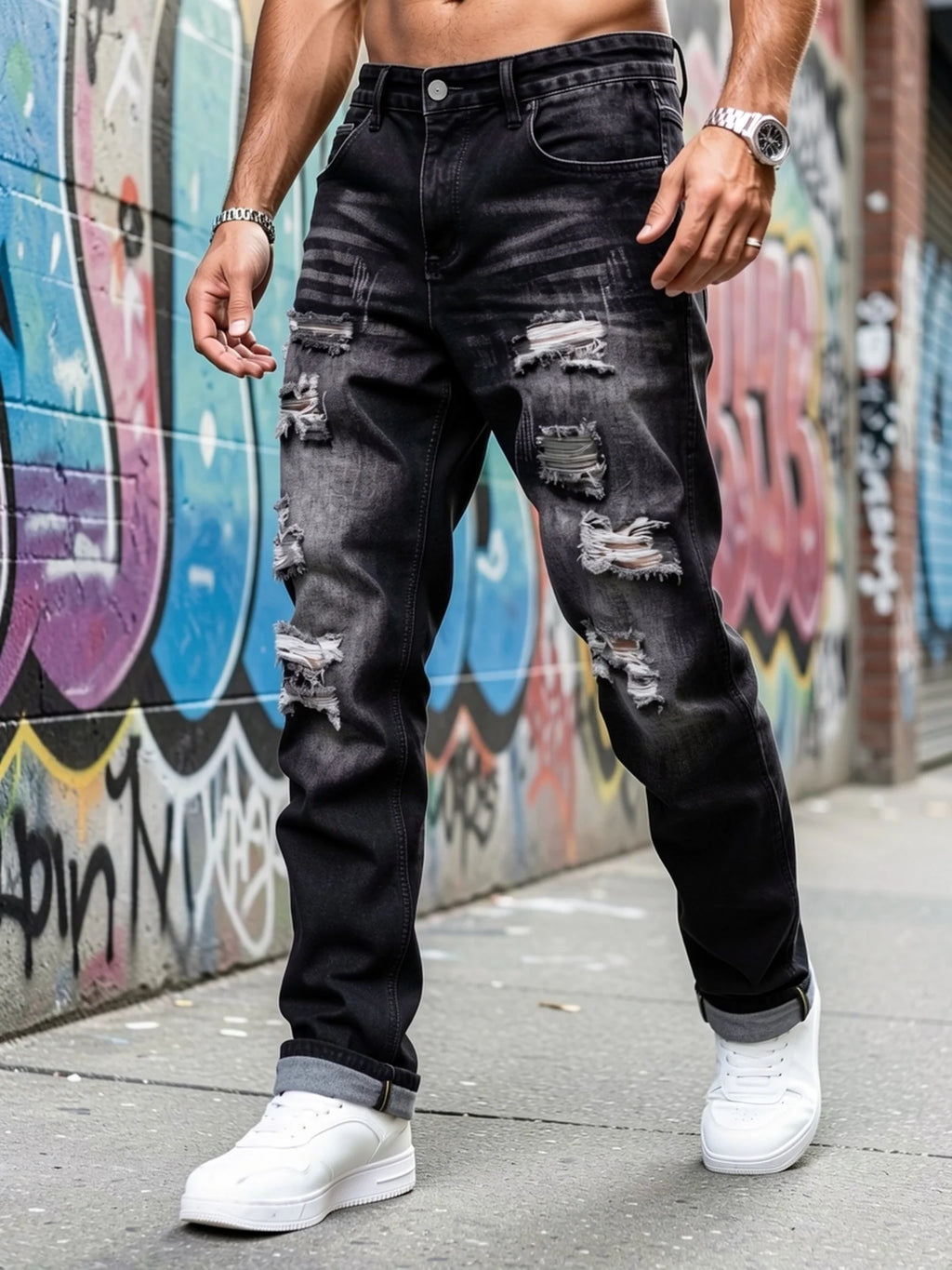 Men's dark grey distressed straight-leg jeans for everyday winter wear