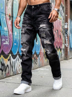 Men's dark grey distressed straight-leg jeans for everyday winter wear