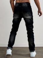 Men's dark grey distressed straight-leg jeans for everyday winter wear