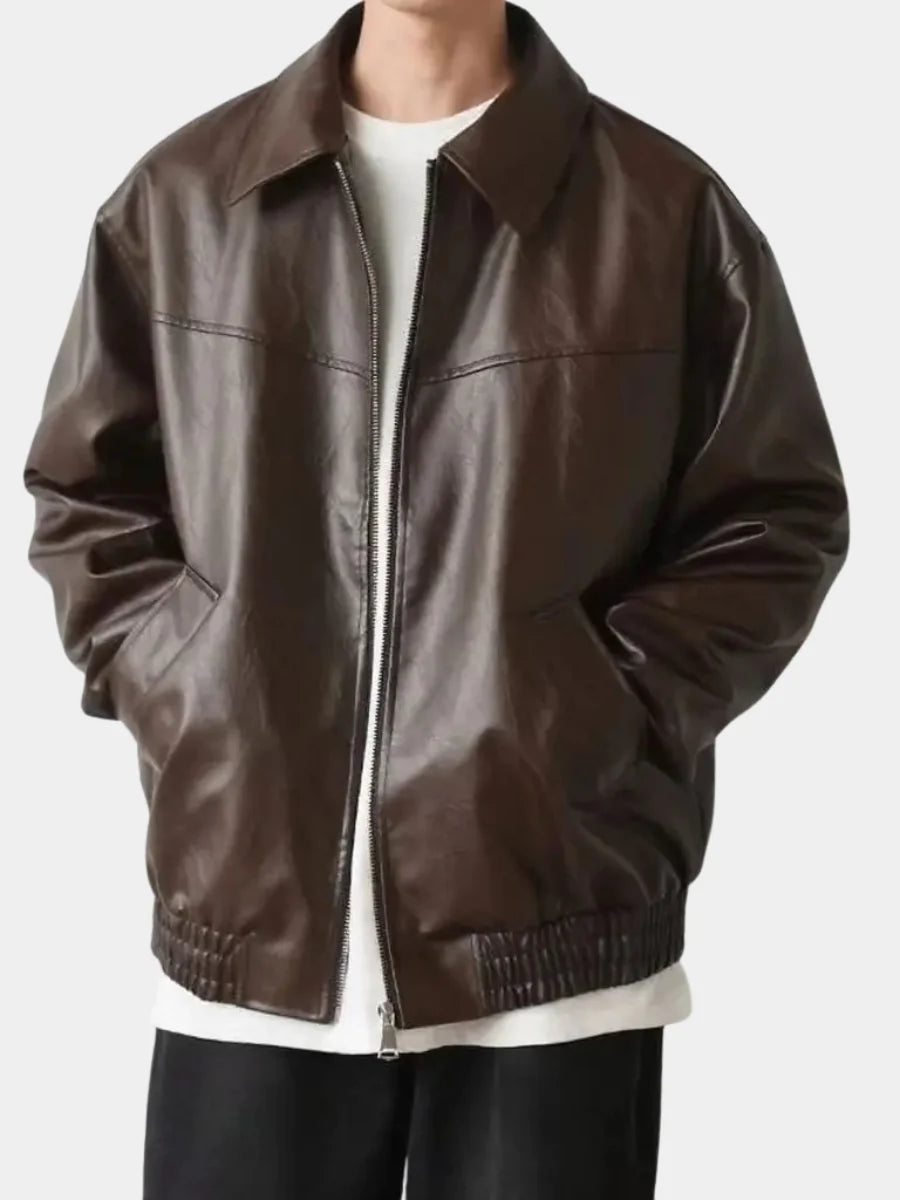 Men's brown leather-effect jacket for autumn and winter layering