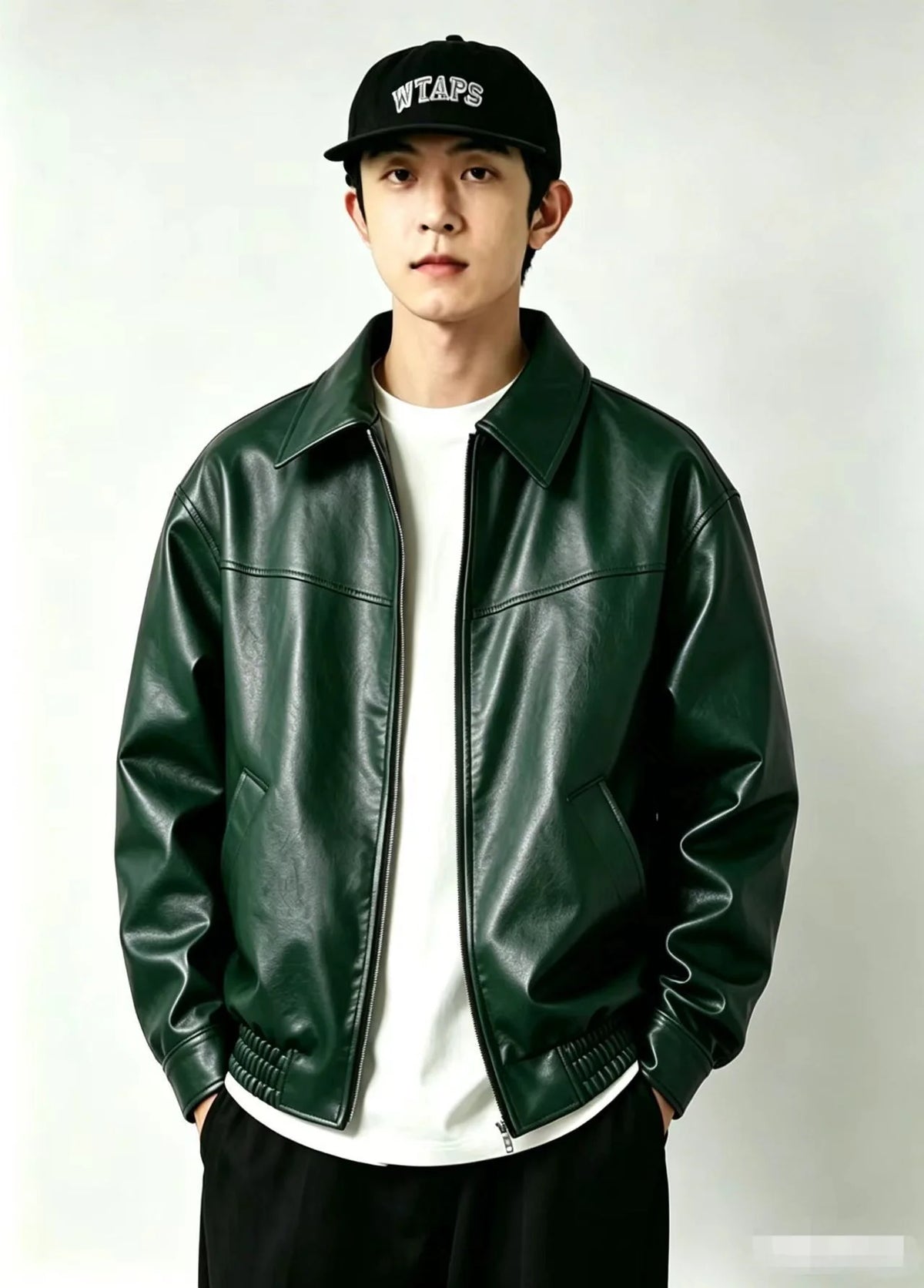 Men's green leather-effect jacket for autumn and winter layering