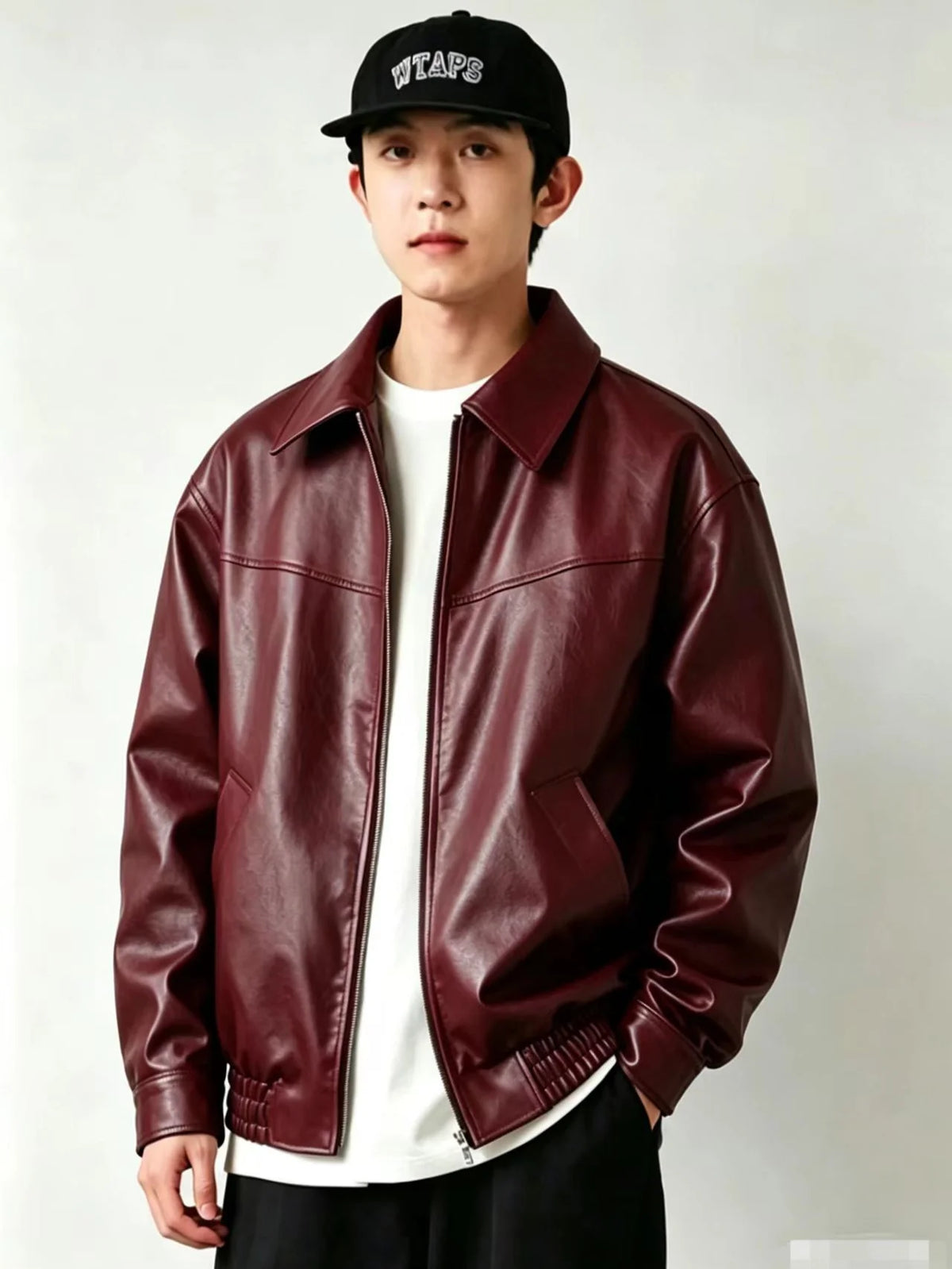 Men's burgundy leather-effect jacket for autumn and winter layering