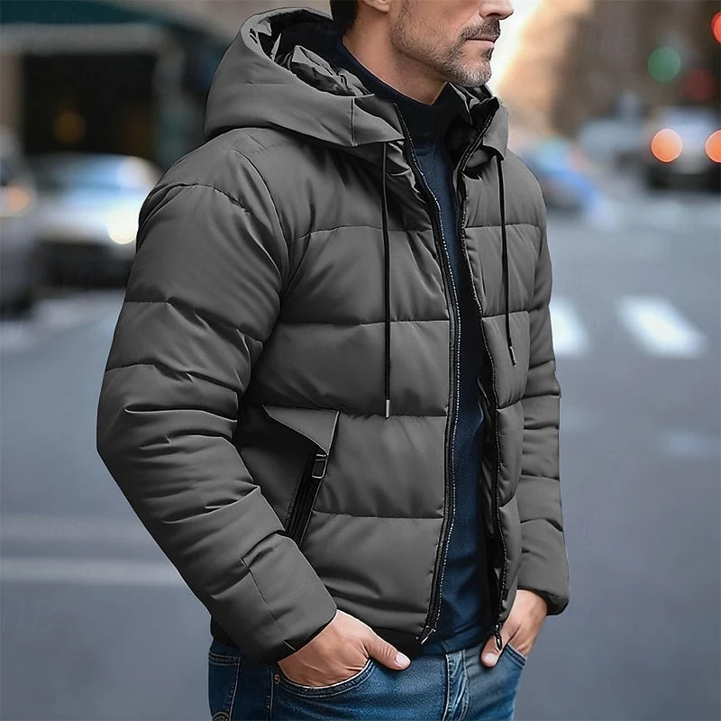 Men's dark grey hooded quilted puffer jacket for cold weather wear