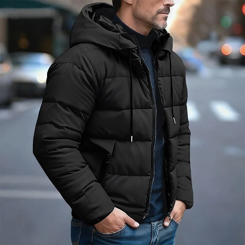 Men's black hooded quilted puffer jacket for cold weather wear