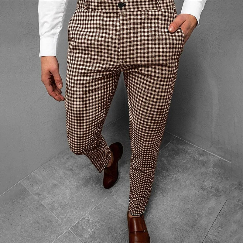 Men's brown tailored checked trousers for autumn and winter wear