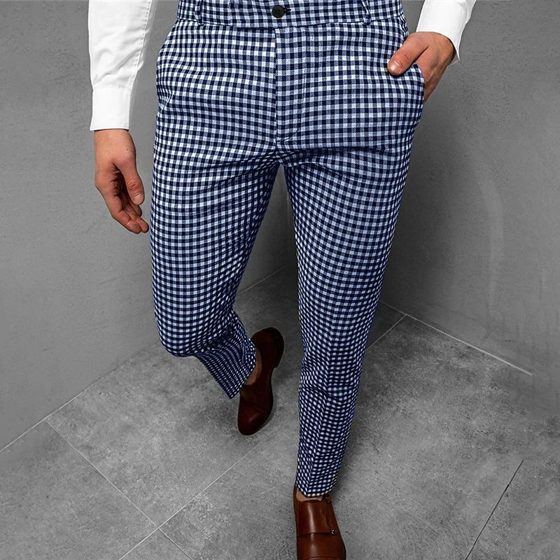 Men's blue tailored checked trousers for autumn and winter wear