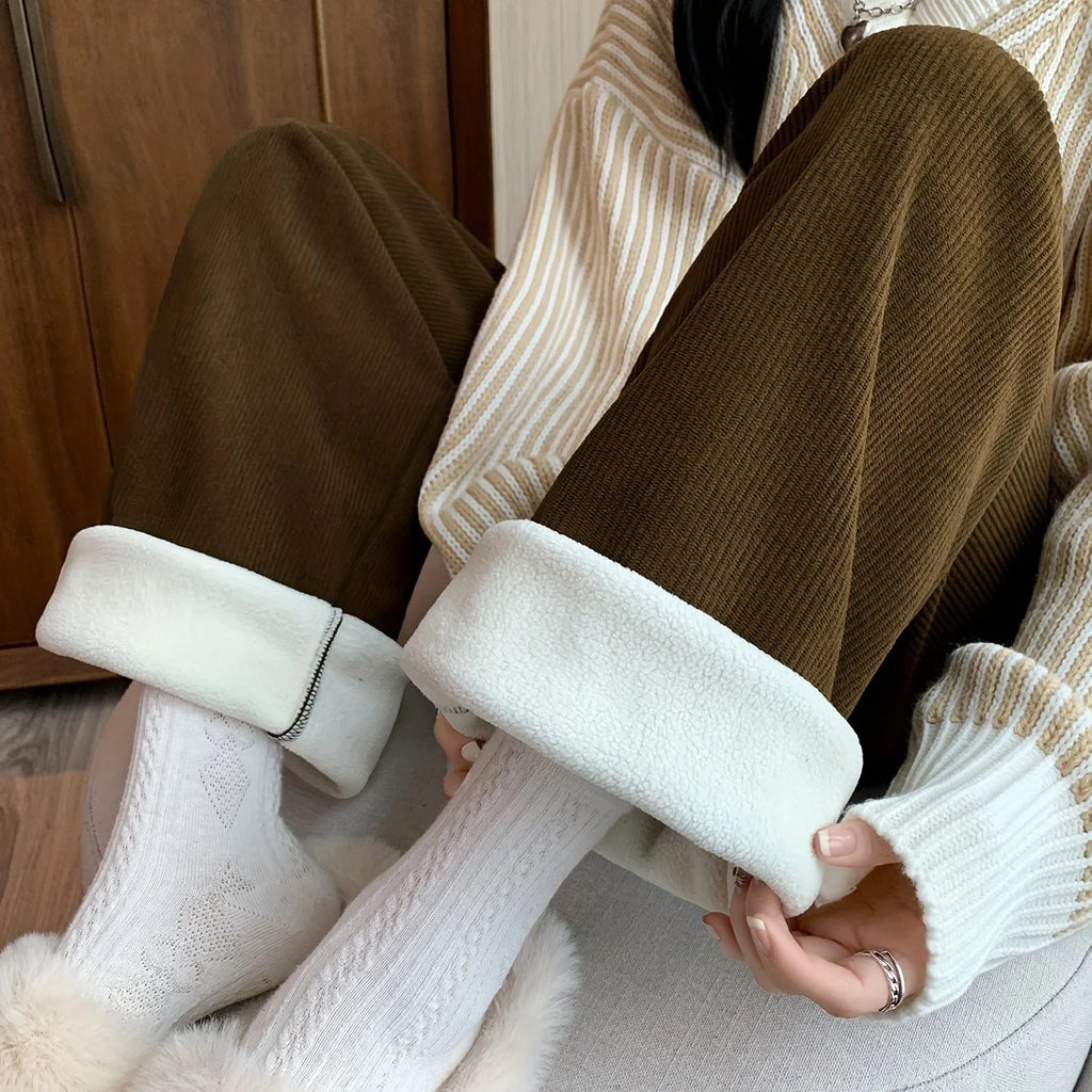 Women's ginger fleece-lined wide-leg trousers