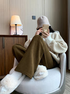 Women's ivory white fleece-lined wide-leg trousers