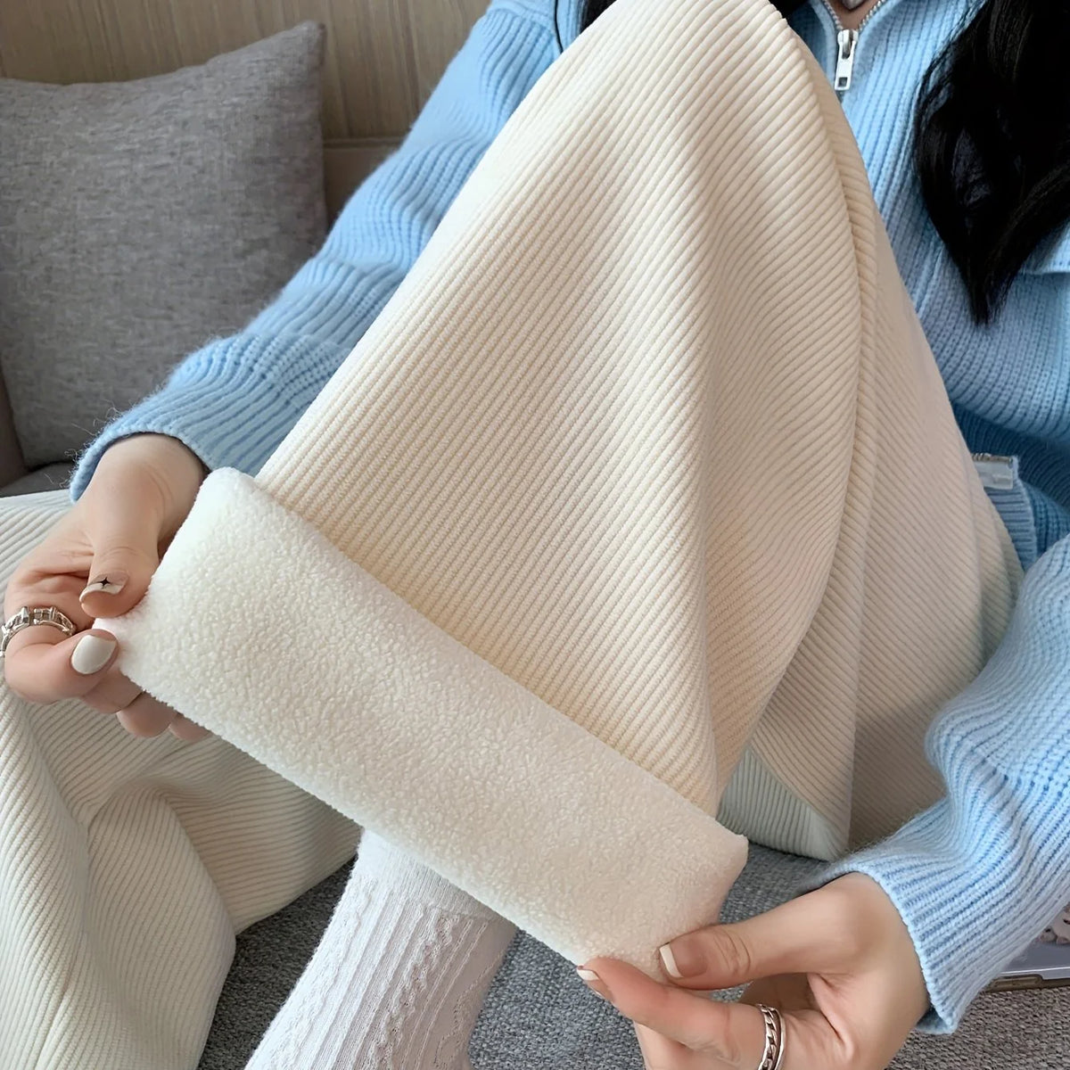 Women's ivory white fleece-lined wide-leg trousers