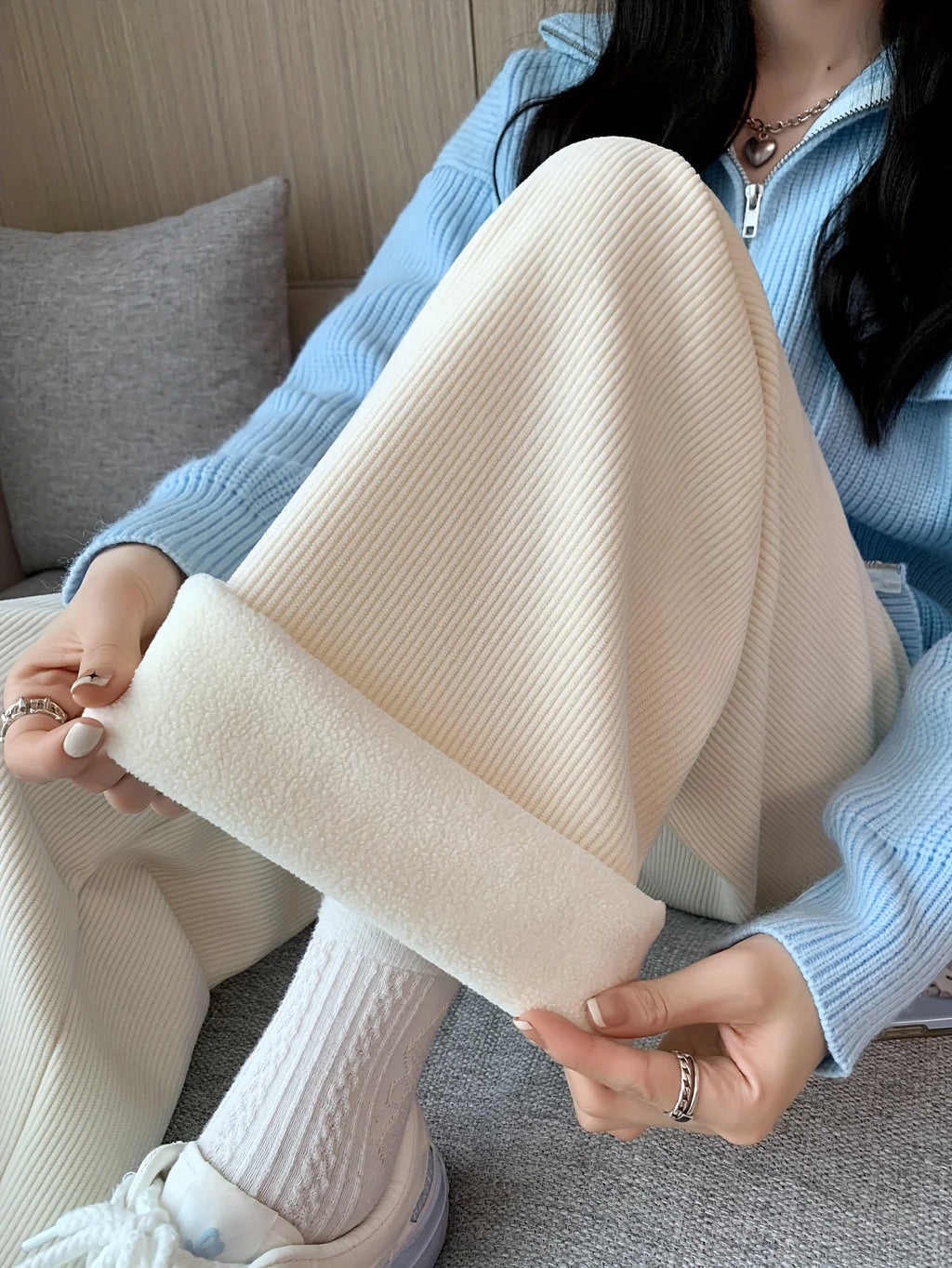 Women's ginger fleece-lined wide-leg trousers
