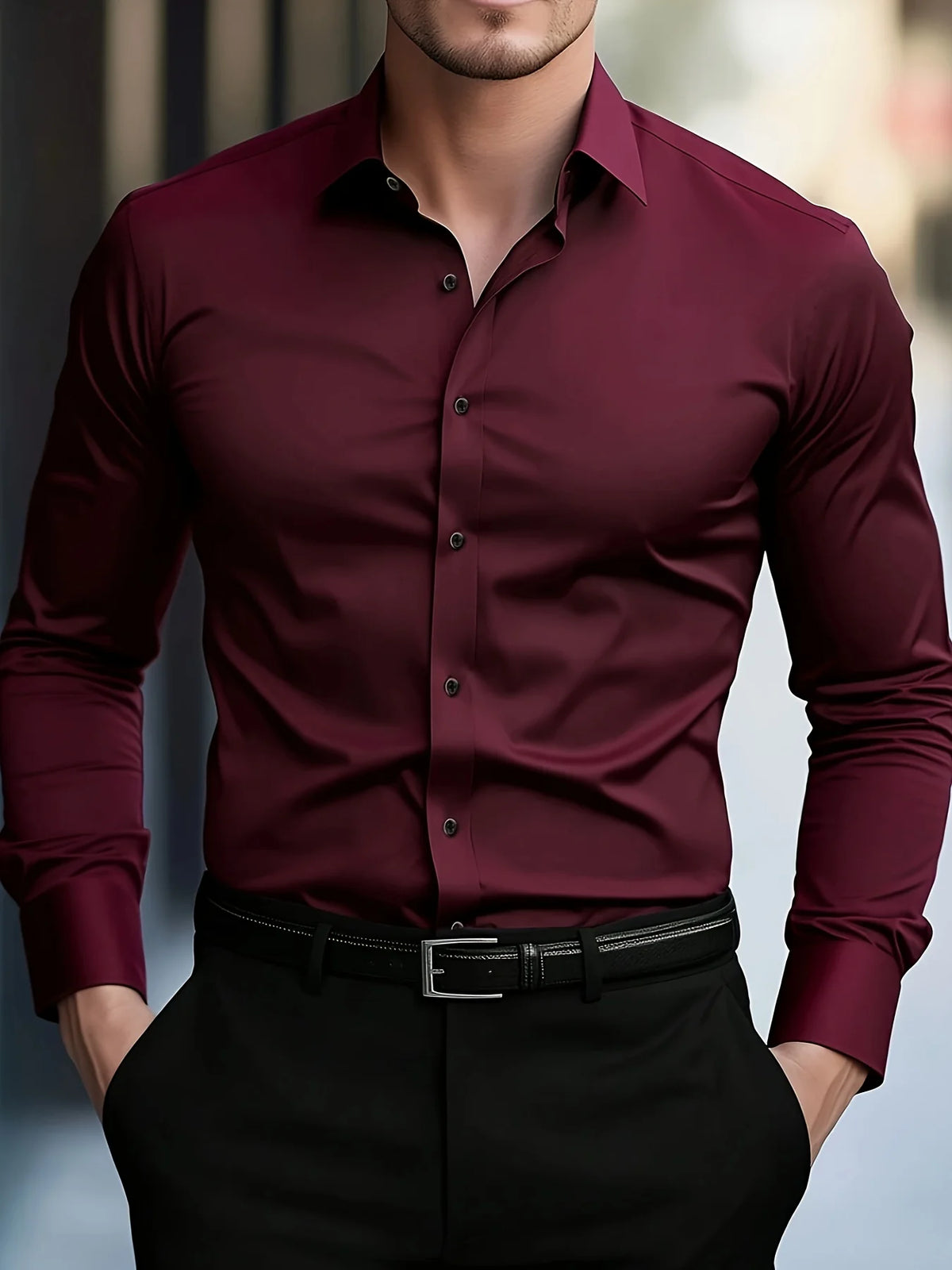 Men's burgundy long sleeve business shirt