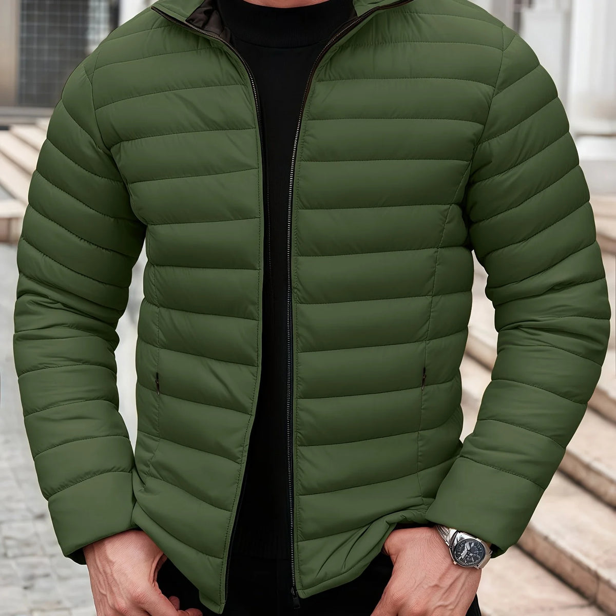 Men's green lightweight quilted jacket for cold autumn and winter days