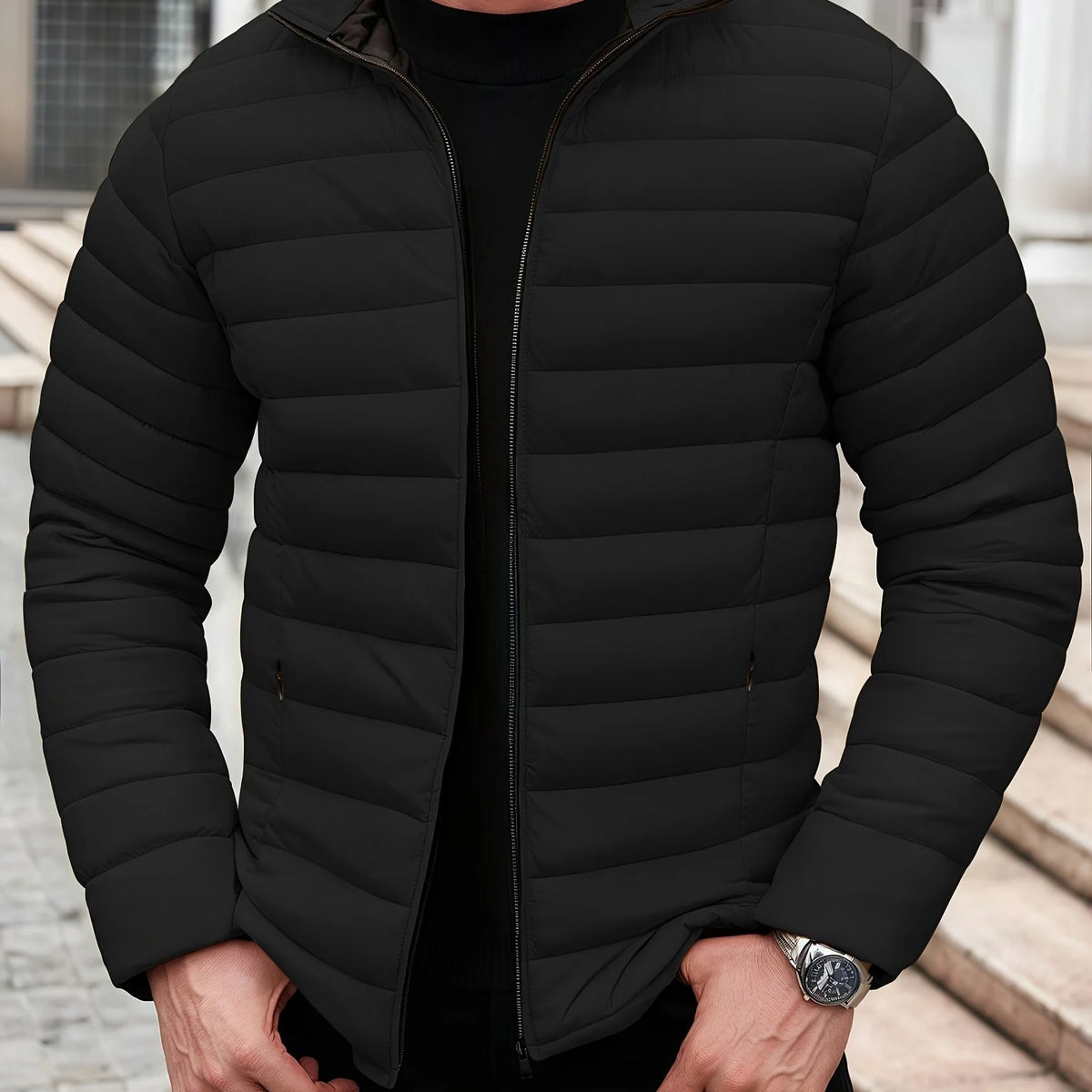Men's green lightweight quilted jacket for cold autumn and winter days