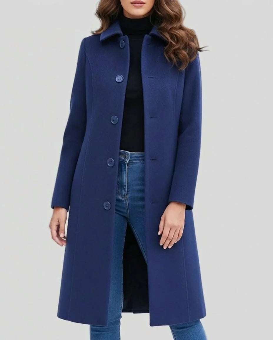 Women's dark blue long single-breasted winter coat for everyday winter wear