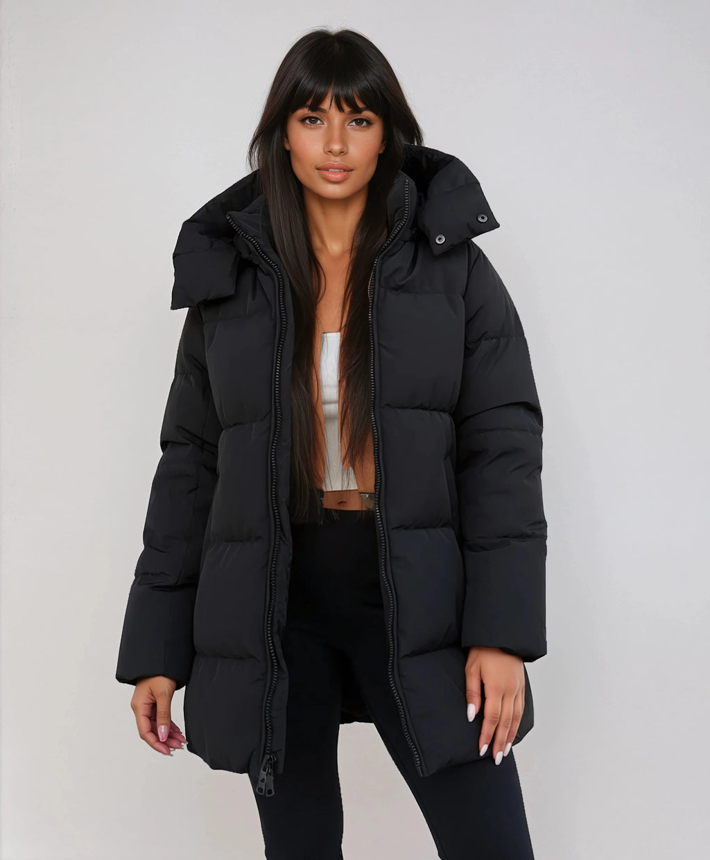 Women's black longline puffer jacket with hood for cold weather wear