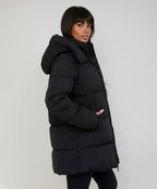 Women's black longline puffer jacket with hood for cold weather wear