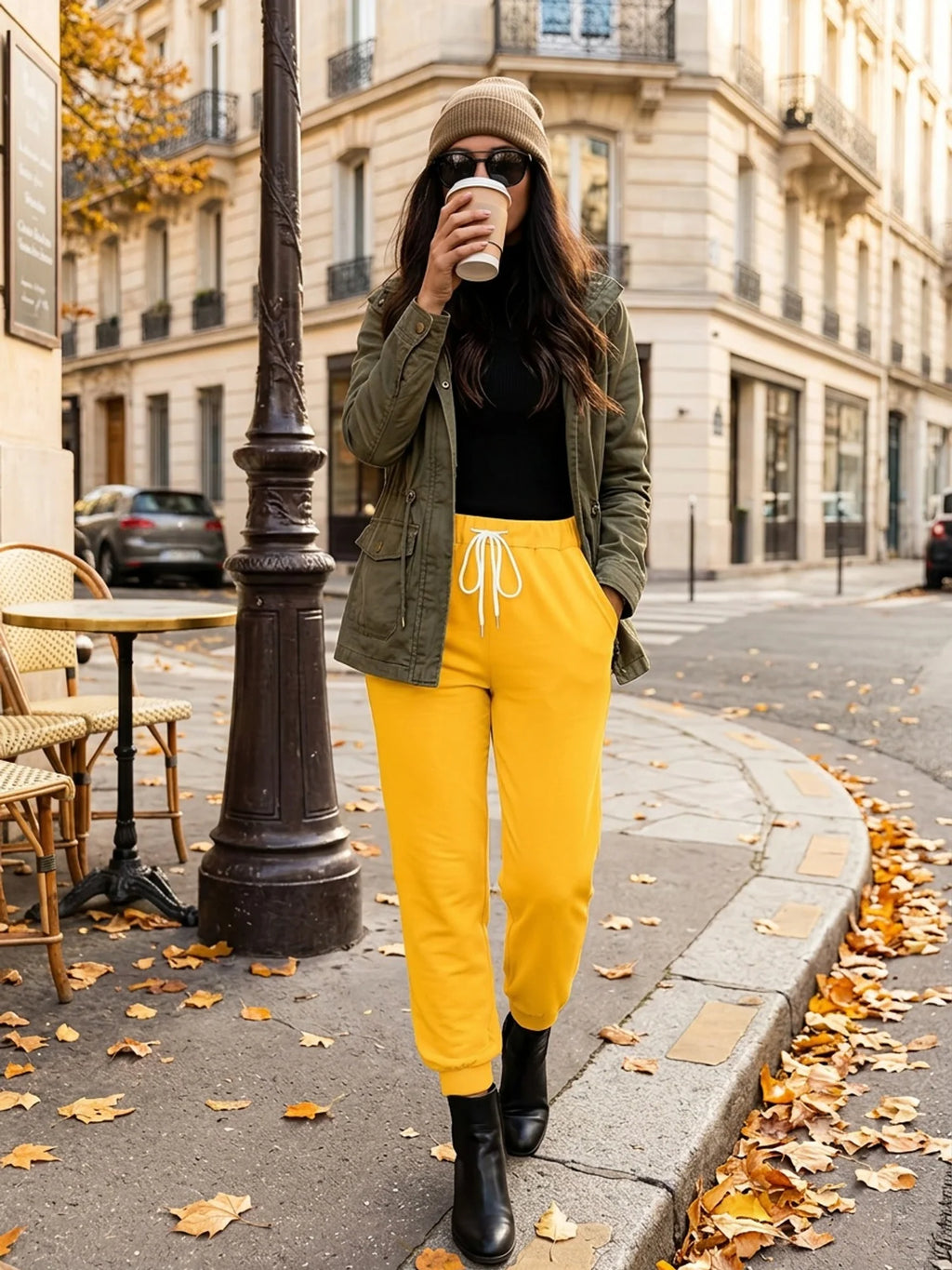 Women's yellow relaxed tapered joggers for chilly autumn and winter days