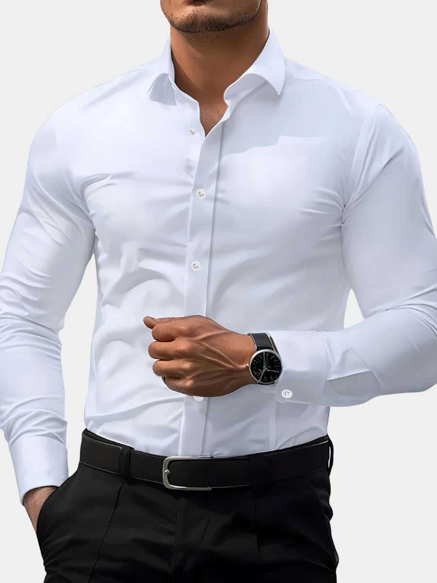 Men's white stretch fit shirt for layering through autumn and winter