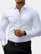 Men's white stretch fit shirt for layering through autumn and winter