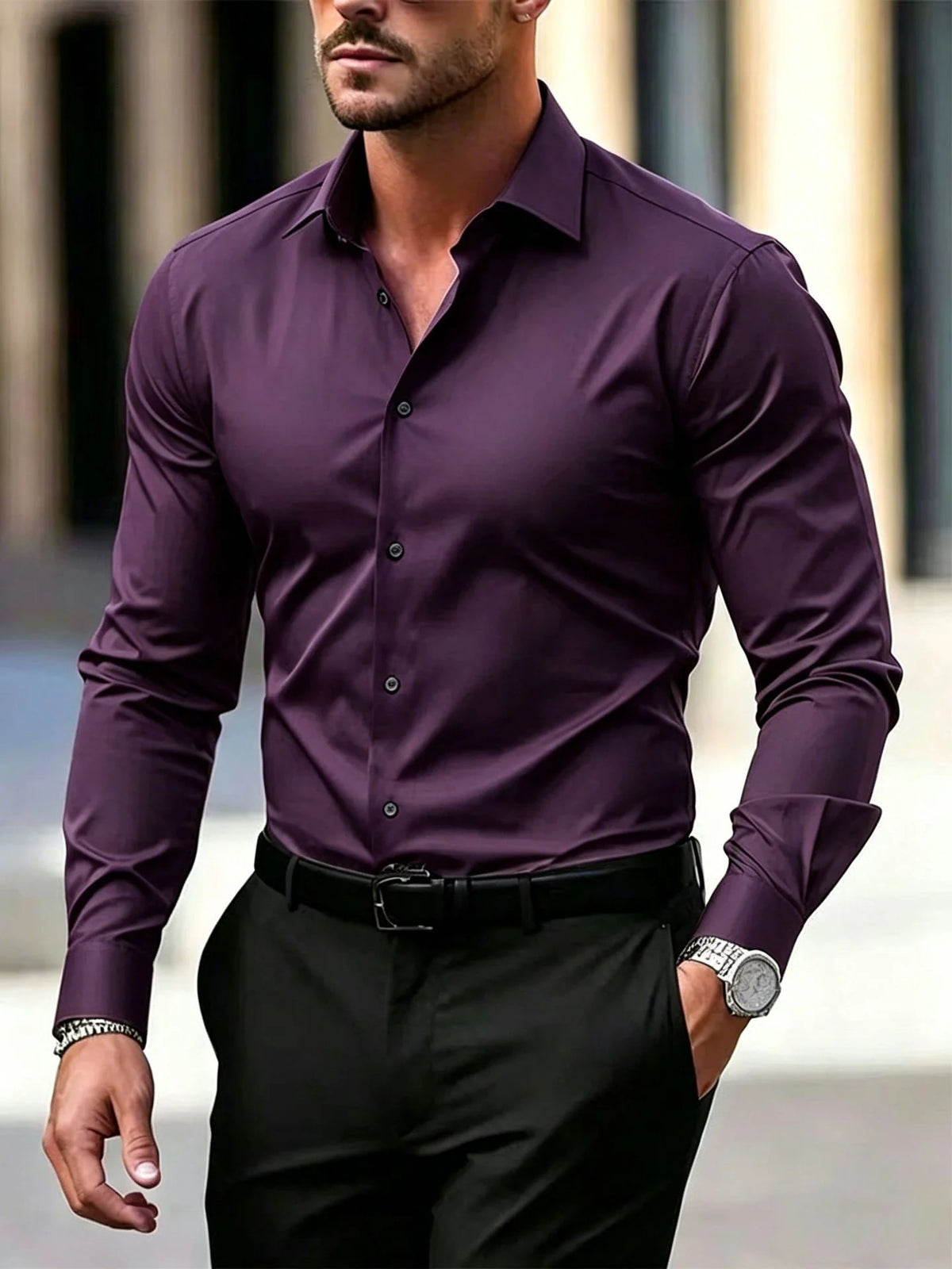 Men's purple stretch fit shirt for layering through autumn and winter