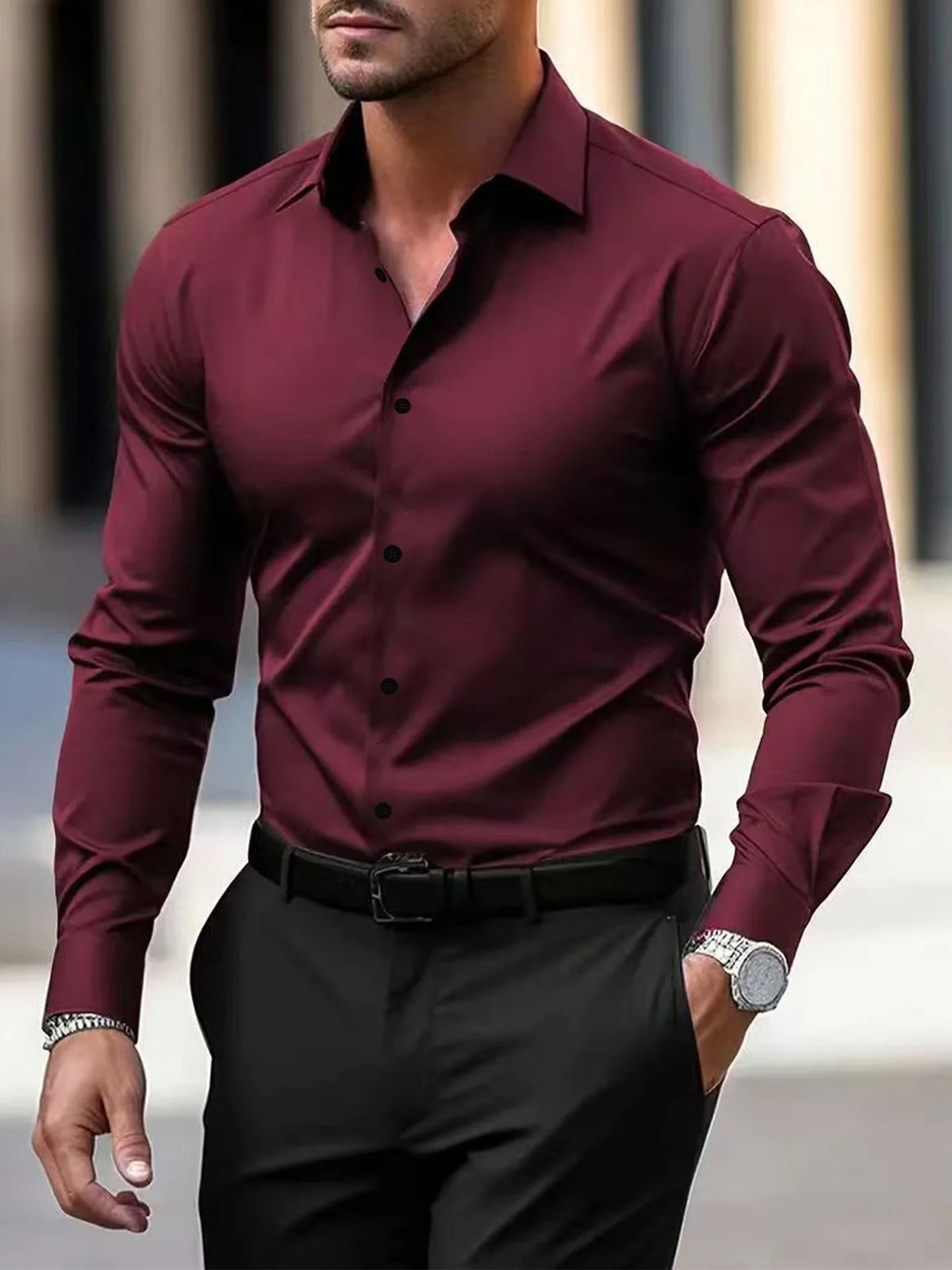 Men's red stretch fit shirt for layering through autumn and winter