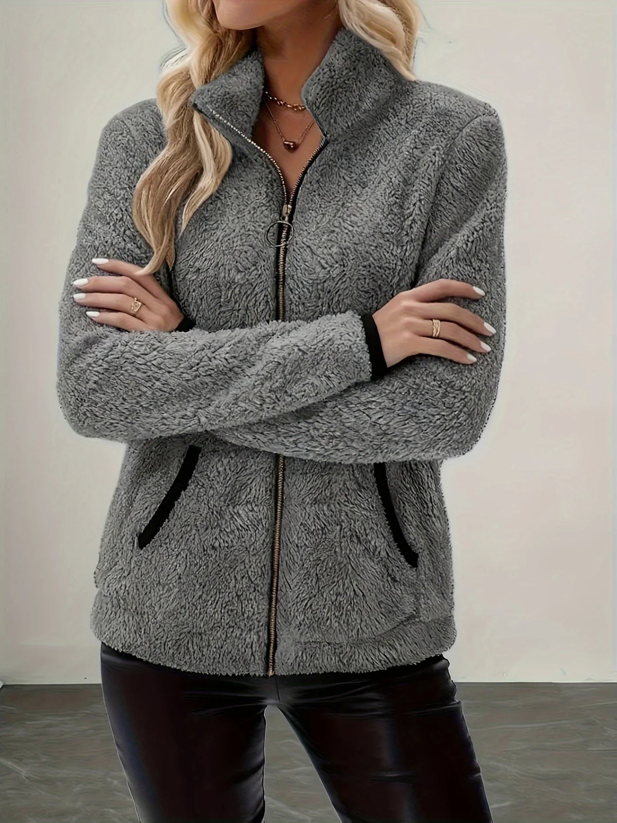 Women's white cosy zip-up jacket for autumn and winter layering