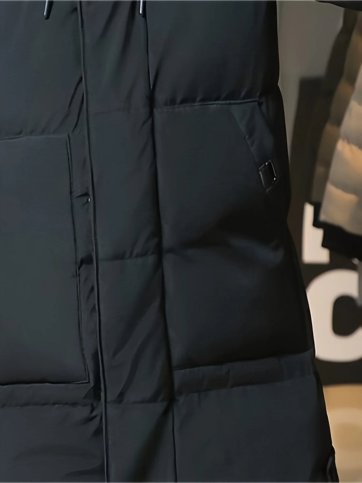 Men's black hooded longline padded coat for autumn and winter layering