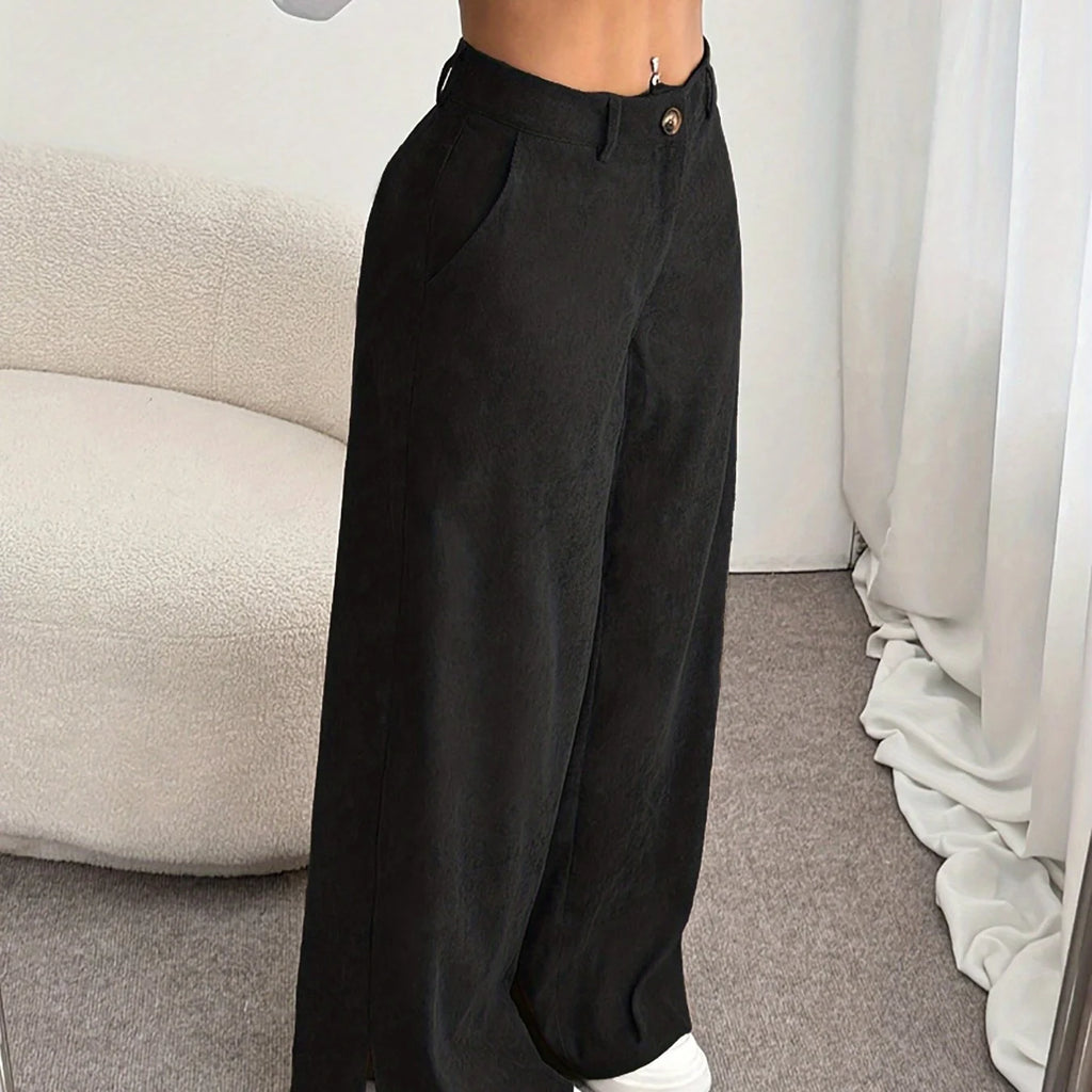 Women's deep grey straight-leg tailored trousers for cold weather wear
