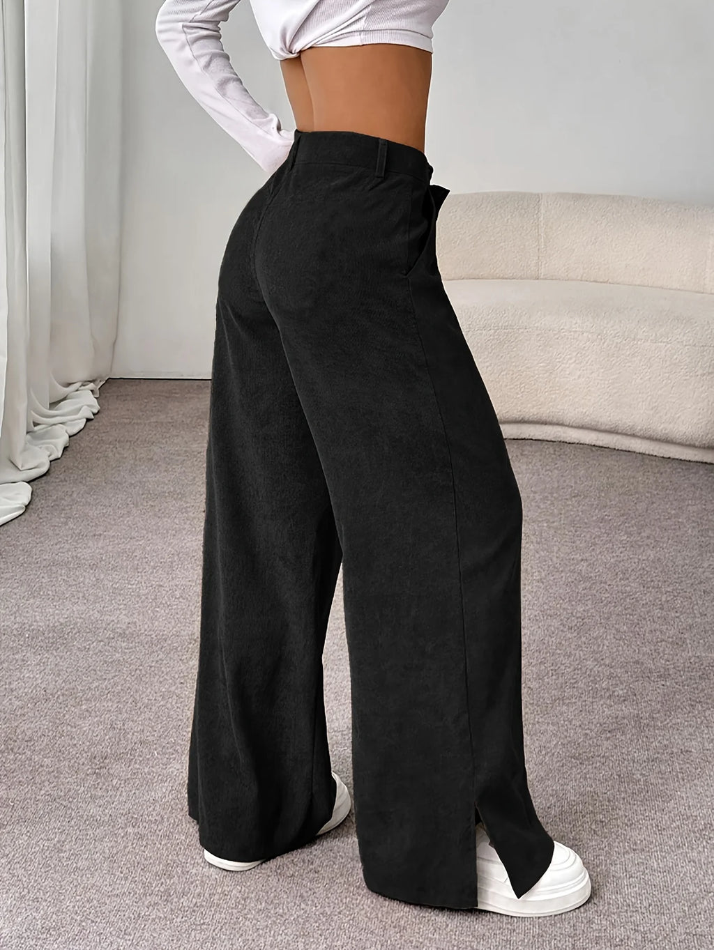 Women's deep grey straight-leg tailored trousers for cold weather wear