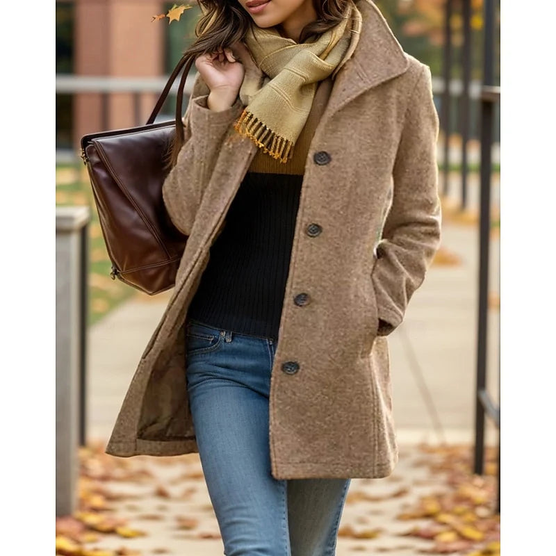 Women's khaki timeless turndown collar coat in autumn and winter