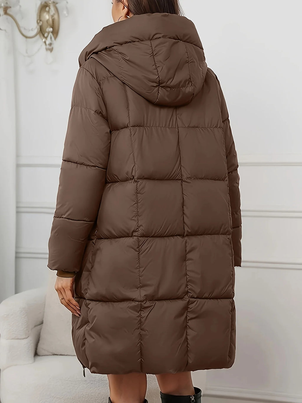 Women's reddish brown longline puffer coat with hood for autumn and winter wear