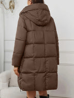 Women's reddish brown longline puffer coat with hood for autumn and winter wear