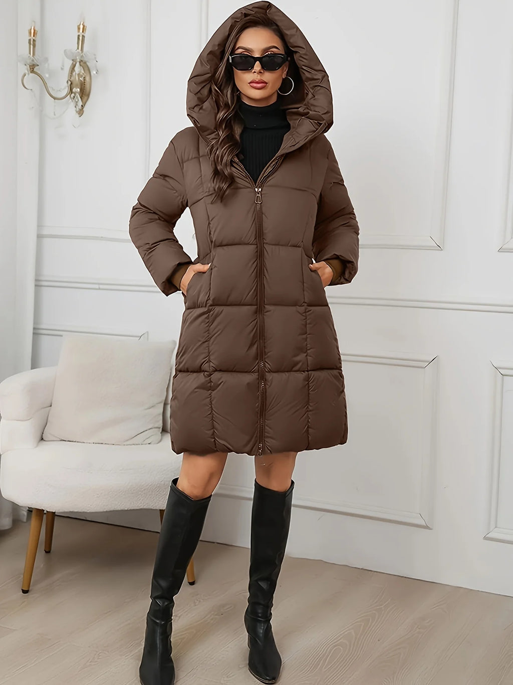 Women's reddish brown longline puffer coat with hood for autumn and winter wear