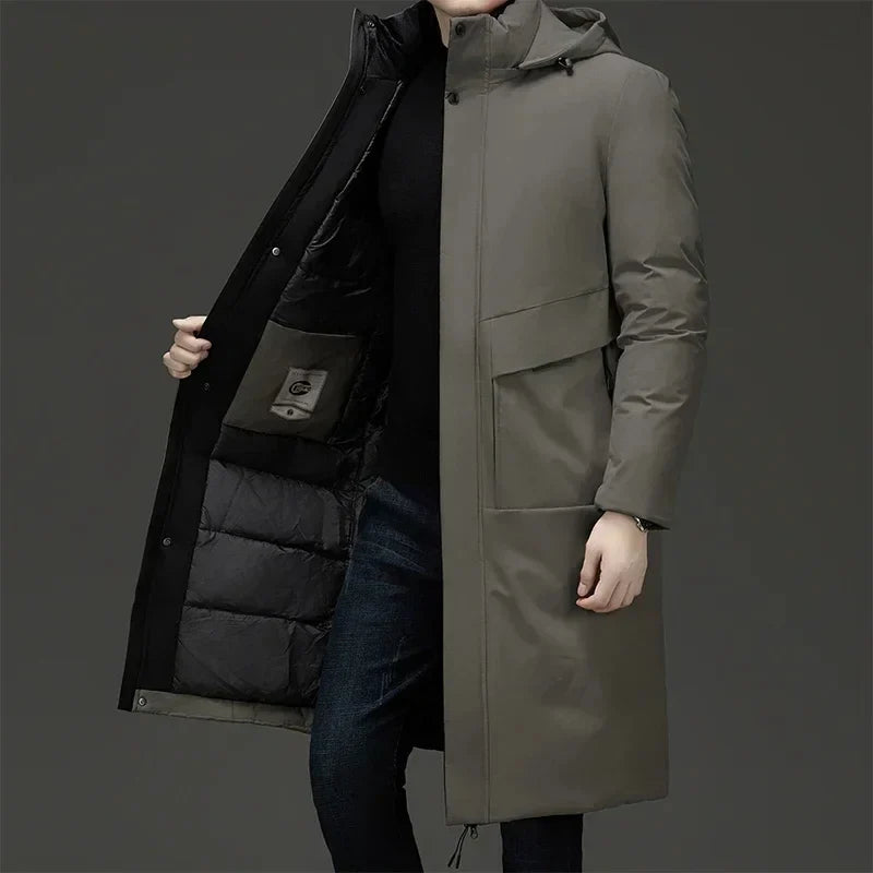 Men's grey hooded long winter coat for chilly autumn and winter days