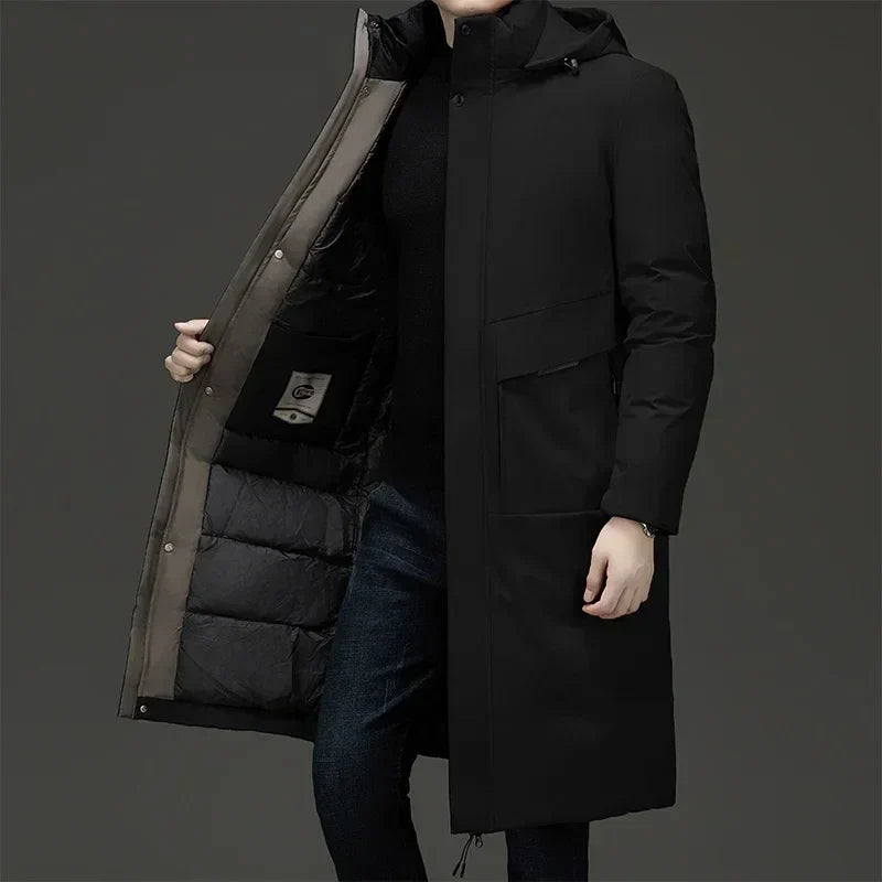 Men's grey hooded long winter coat for chilly autumn and winter days