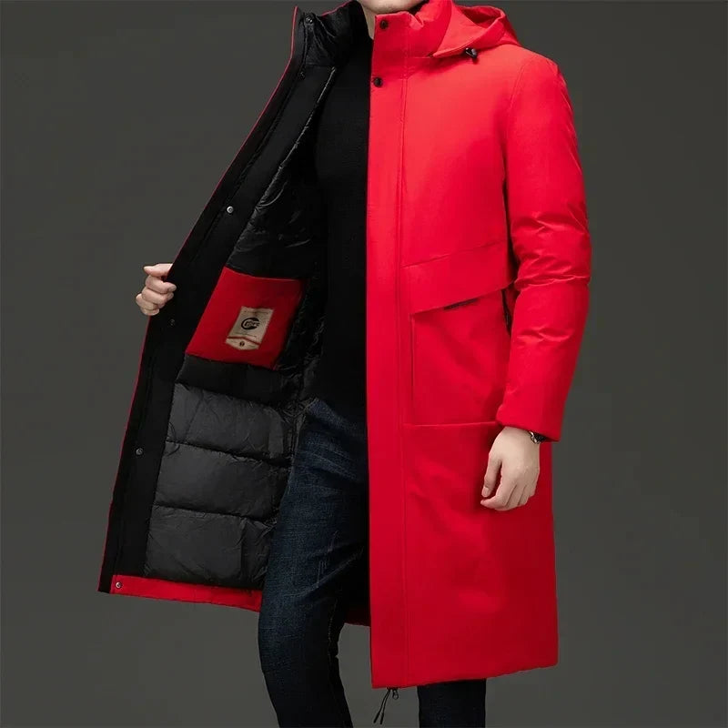 Men's black hooded long winter coat for chilly autumn and winter days