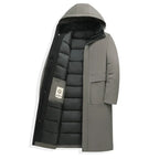 Men's black hooded long winter coat for chilly autumn and winter days