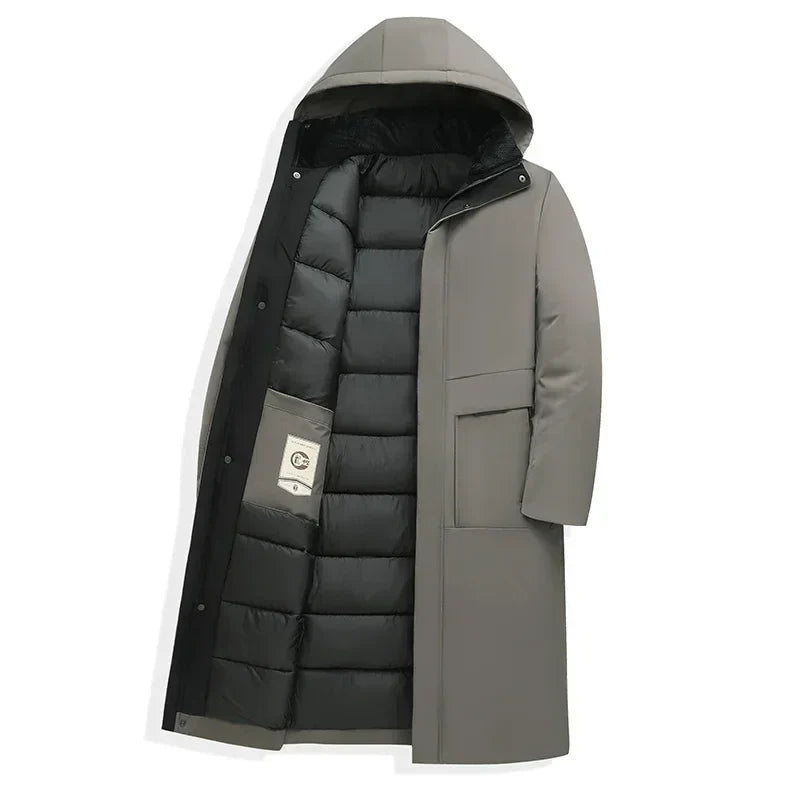 Men's black hooded long winter coat for chilly autumn and winter days
