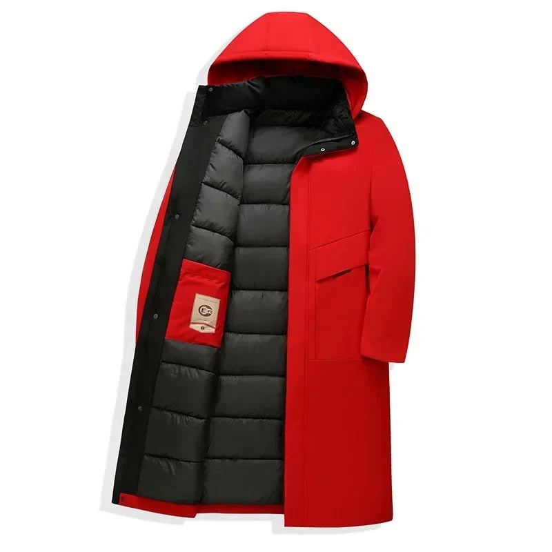 Men's red hooded long winter coat for chilly autumn and winter days