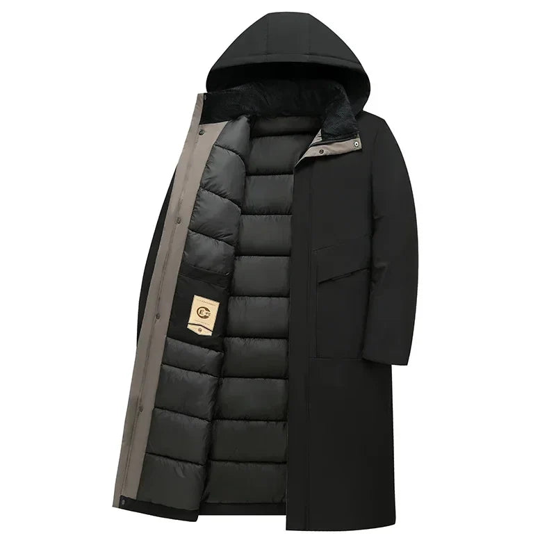 Men's red hooded long winter coat for chilly autumn and winter days