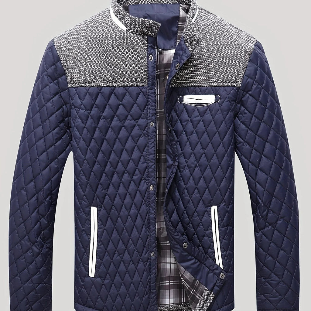 Men's navy textured quilted stand-collar jacket for cold weather wear