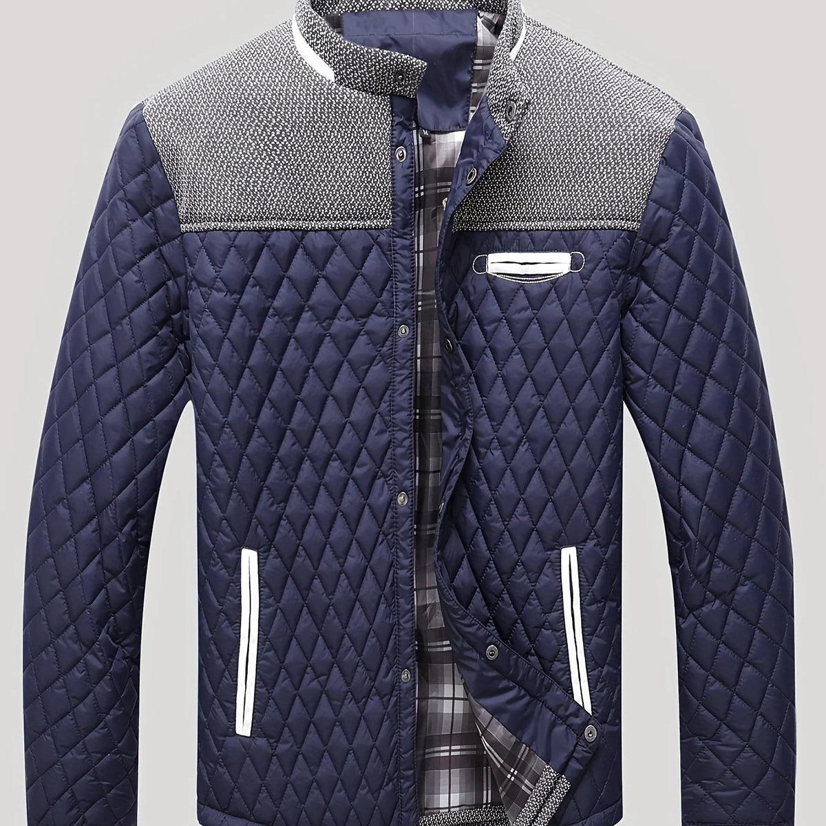 Men's navy textured quilted stand-collar jacket for cold weather wear
