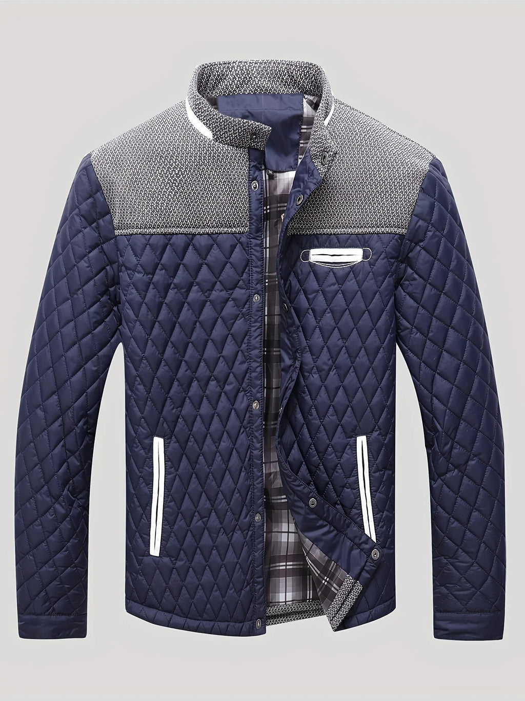 Men's navy textured quilted stand-collar jacket for cold weather wear