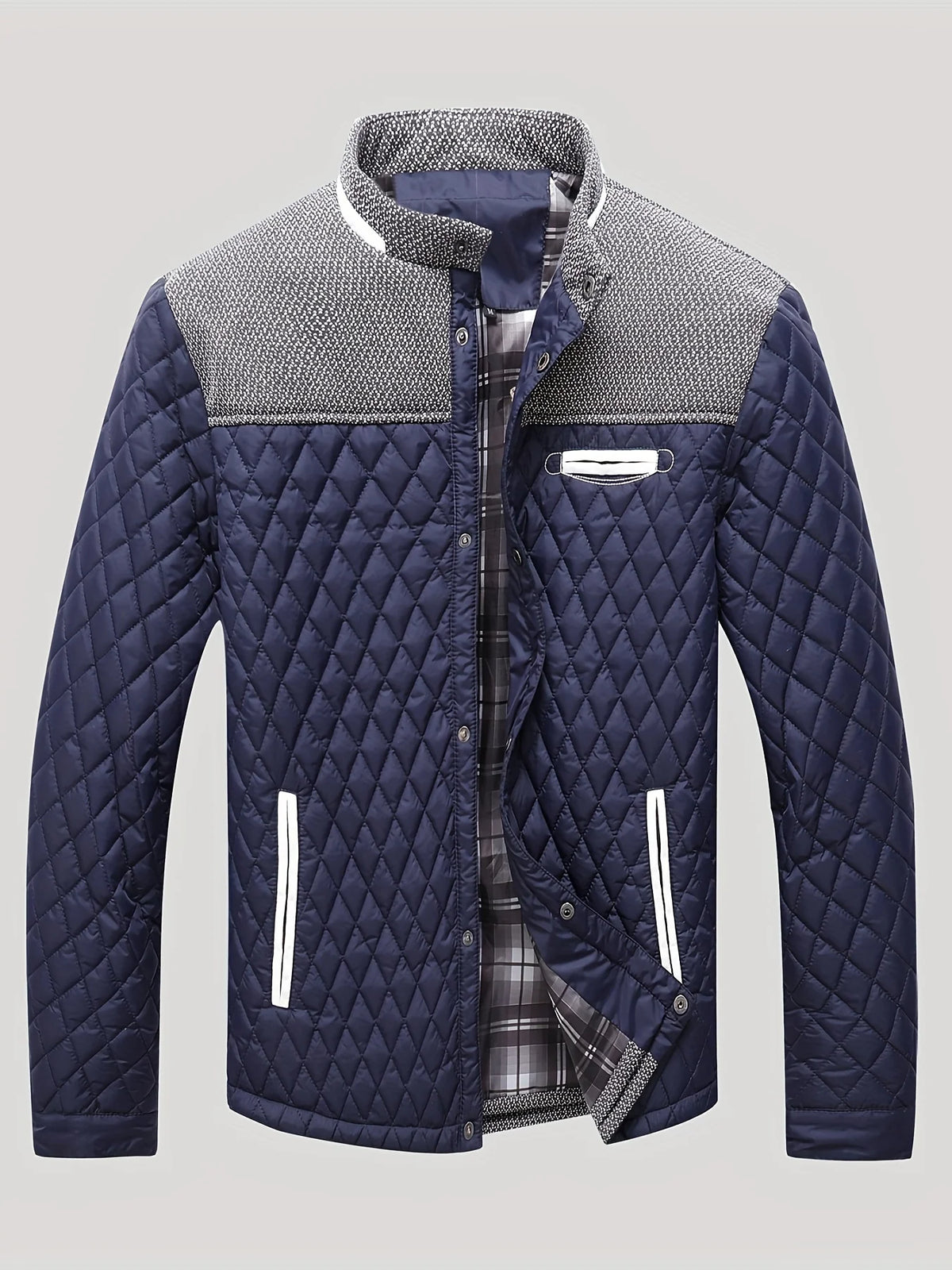 Men's navy textured quilted stand-collar jacket for cold weather wear