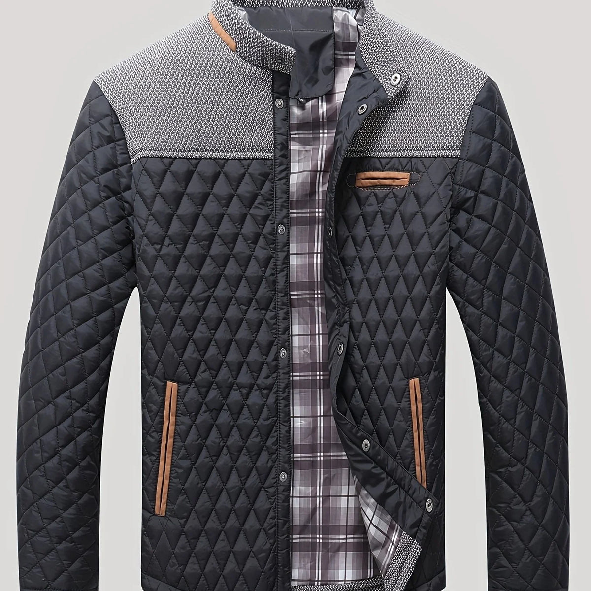 Men's black textured quilted stand-collar jacket for cold weather wear