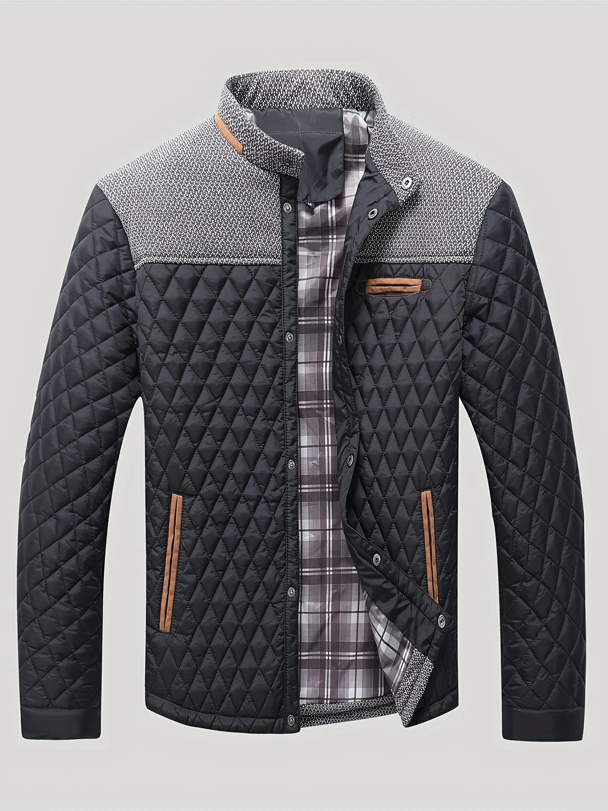Men's black textured quilted stand-collar jacket for cold weather wear