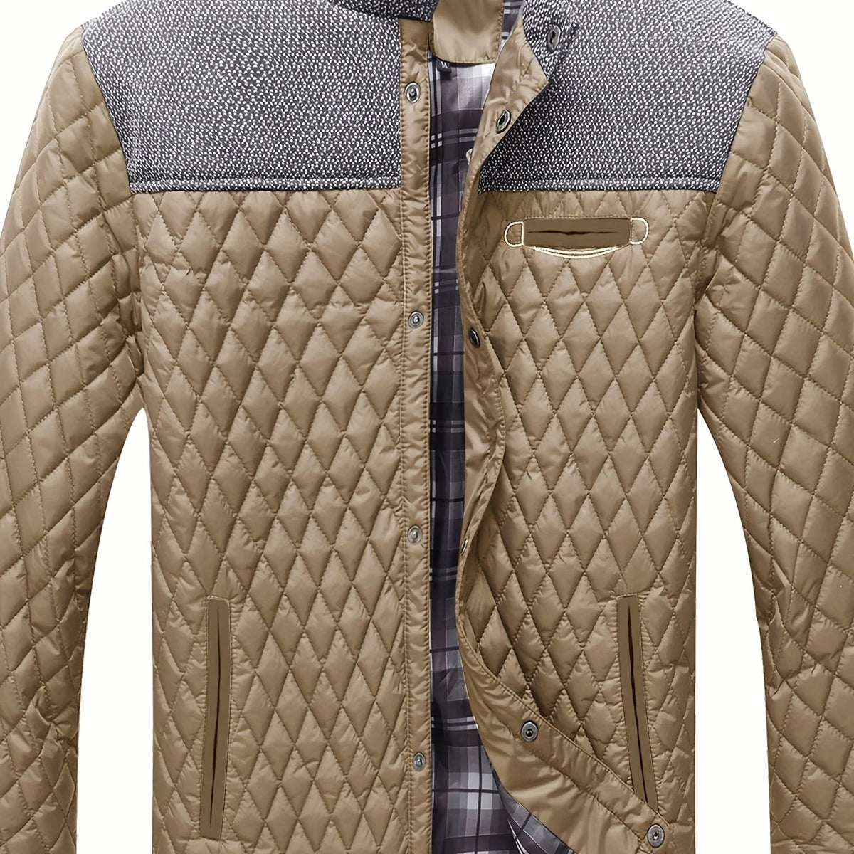 Men's khaki textured quilted stand-collar jacket for cold weather wear