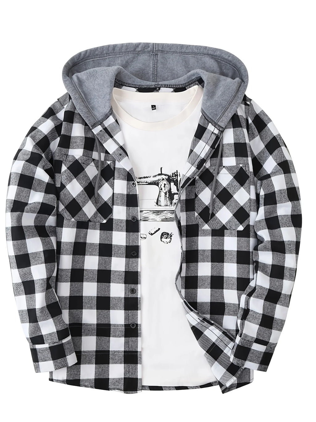 Men's grey plaid hooded sweatshirt for cold autumn and winter days