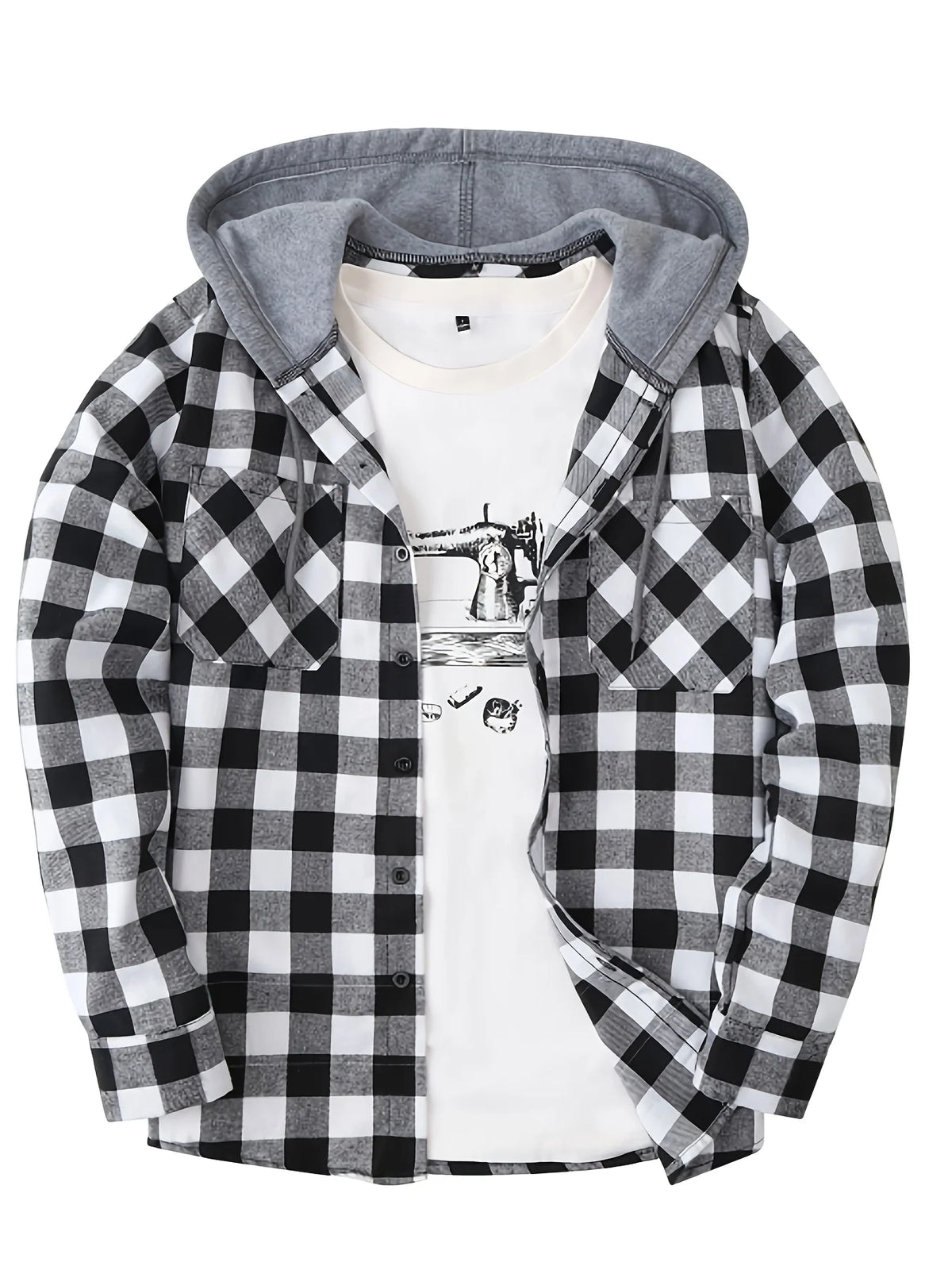 Men's grey plaid hooded sweatshirt for cold autumn and winter days
